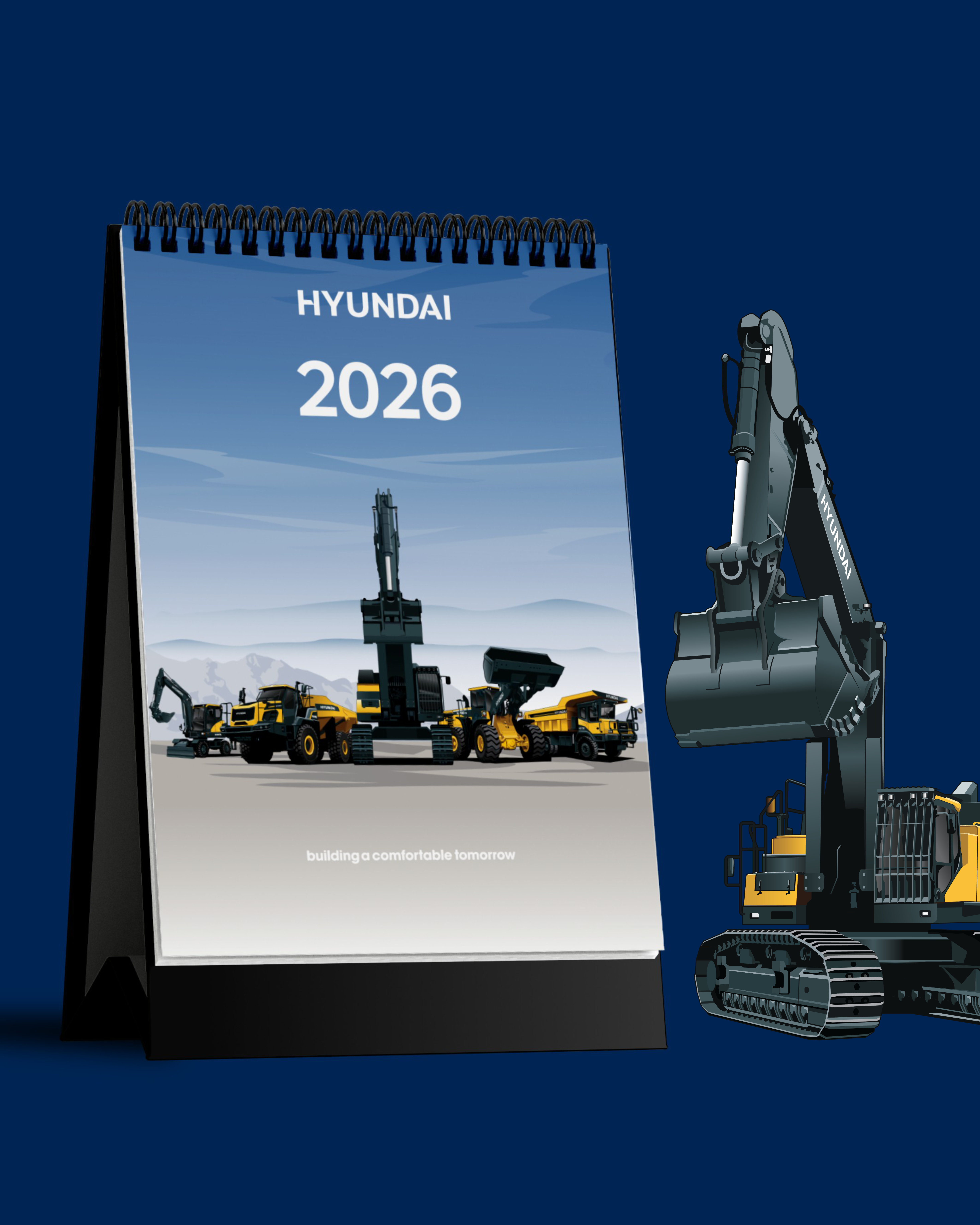 HD CE Hyundai Indonesia 2026 desk calendar design, with a Hyundai excavator illustration alongside
