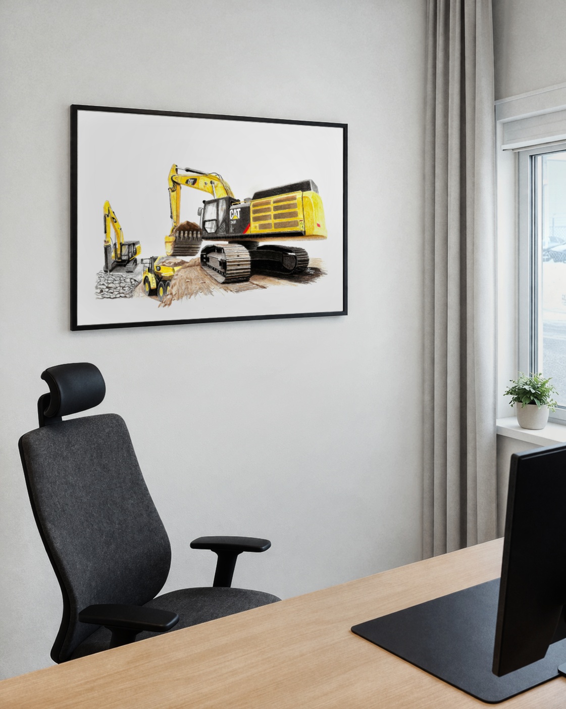 Colored pencil artwork of a CAT 349F excavator
