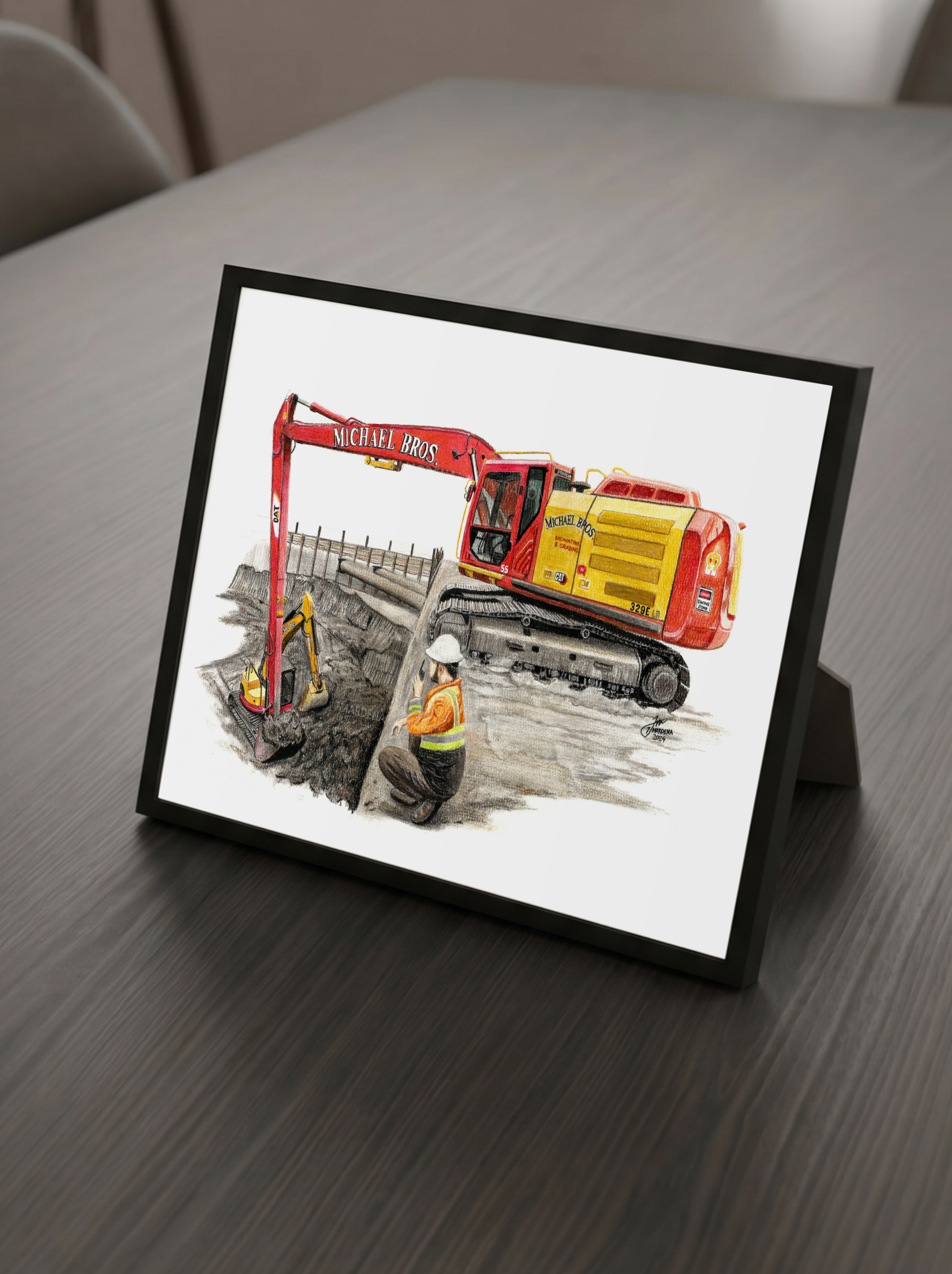 Colored pencil artwork of a CAT long reach excavator