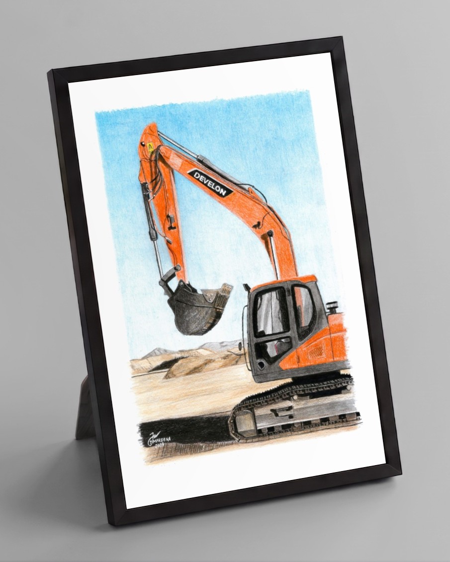 Framed Develon excavator artwork, part of a branding promotion for HD Construction Equipment