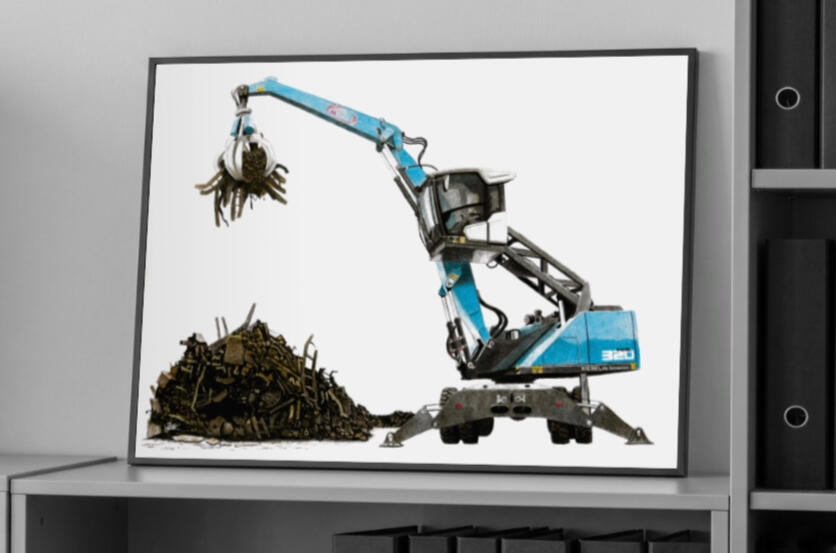 Hand-drawn illustration of a blue material handler lifting scrap with a grapple, shown as a framed print