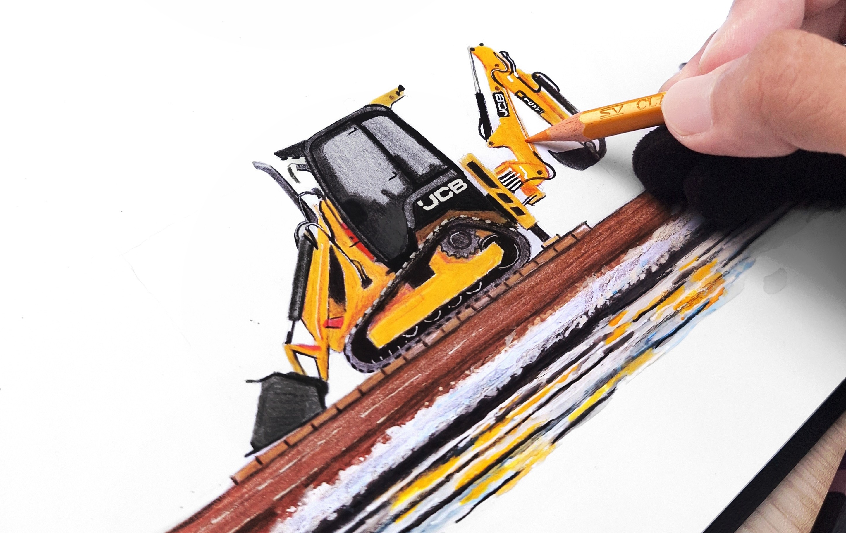 A hand pencil-drawing a JCB compact track loader and mini excavator