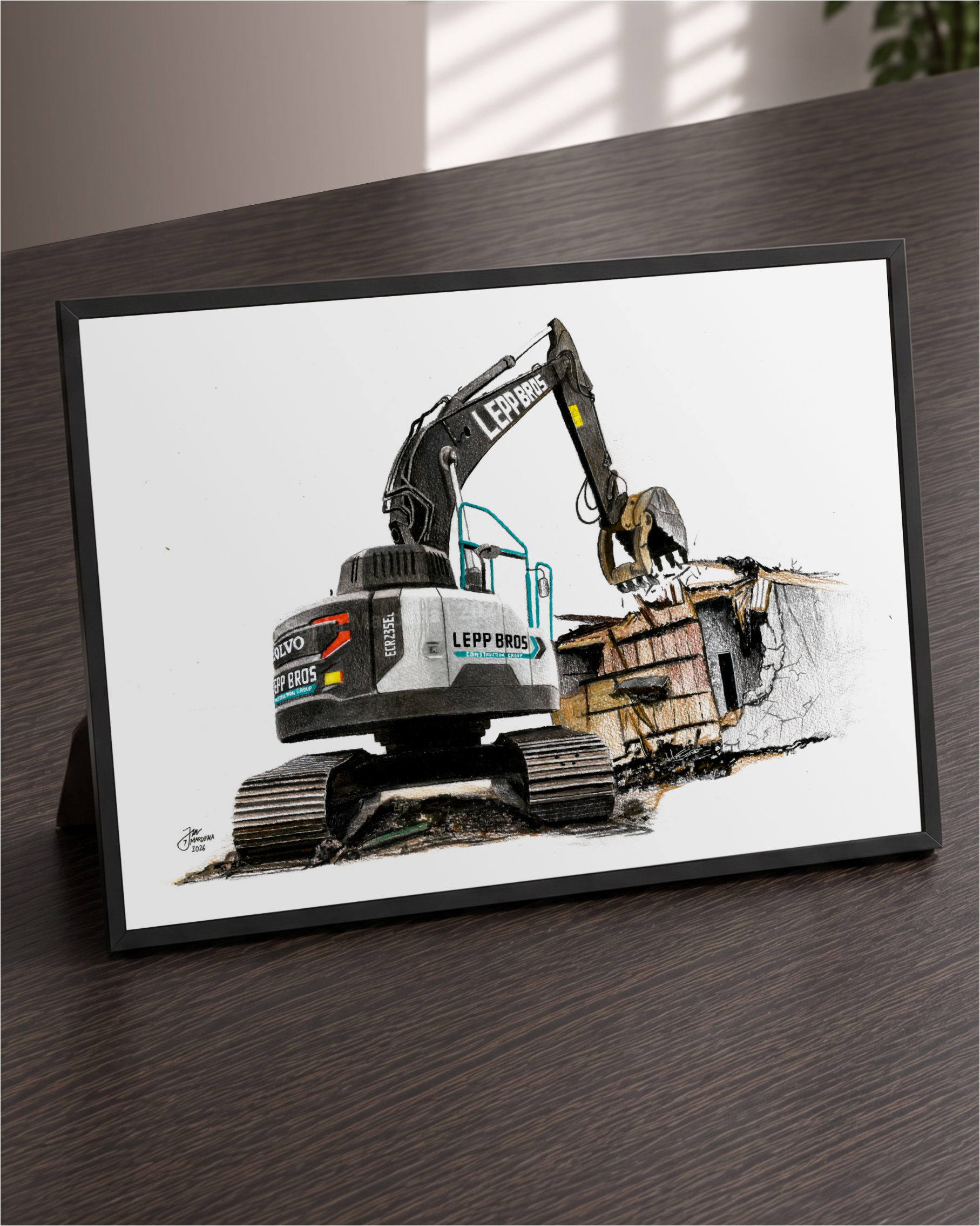 Colored pencil artwork of a Leep Bros Volvo ECR excavator
