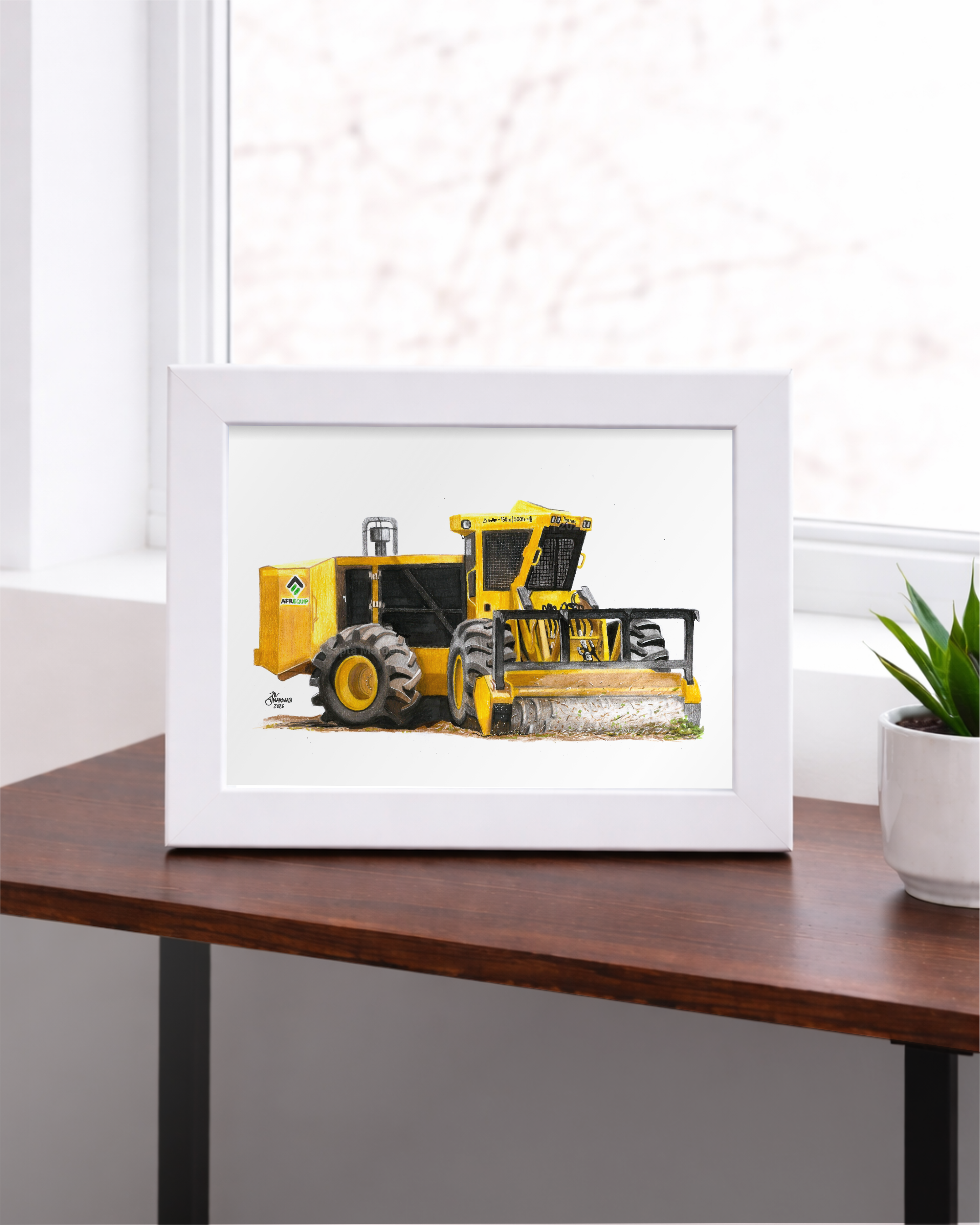 Colored pencil artwork of a Tigercat mulcher
