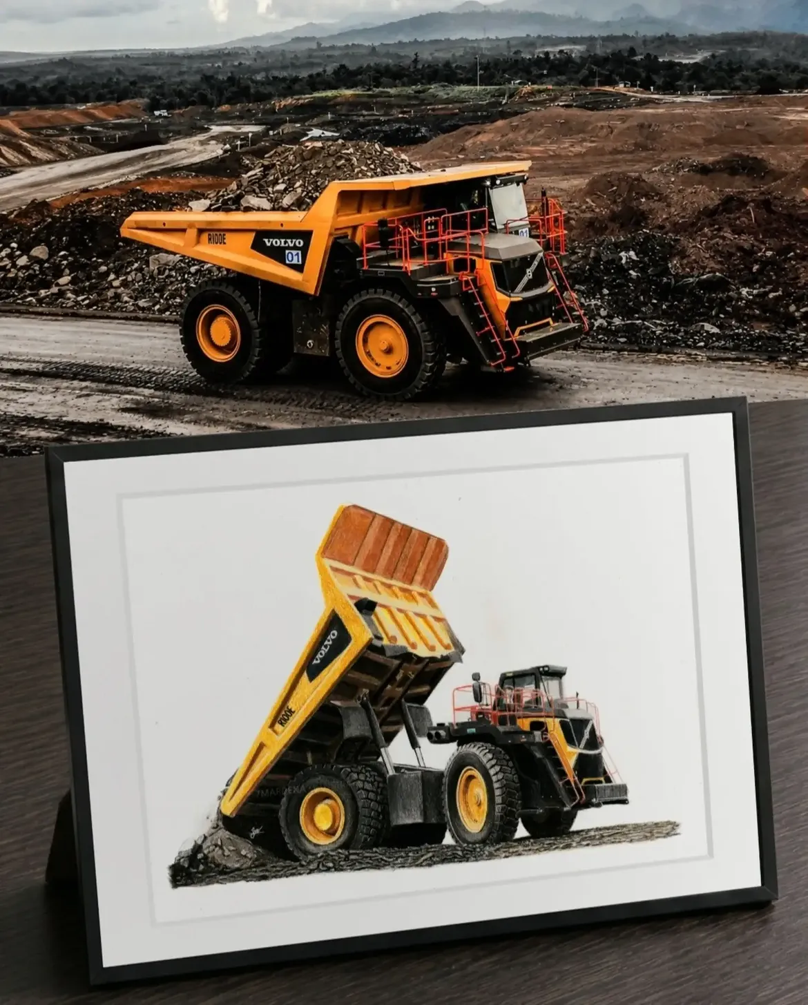 Colored pencil artwork of a Volvo R100 rigid dump truck