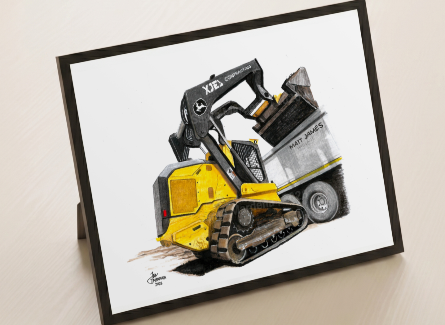 Hand-drawn illustration of an XJE Contracting John Deere skid steer